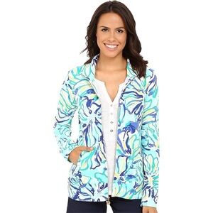 Lilly Pulitzer Reagan Zip Up Jacket Pool Blue Green Stay Cool XS Pockets Leaf